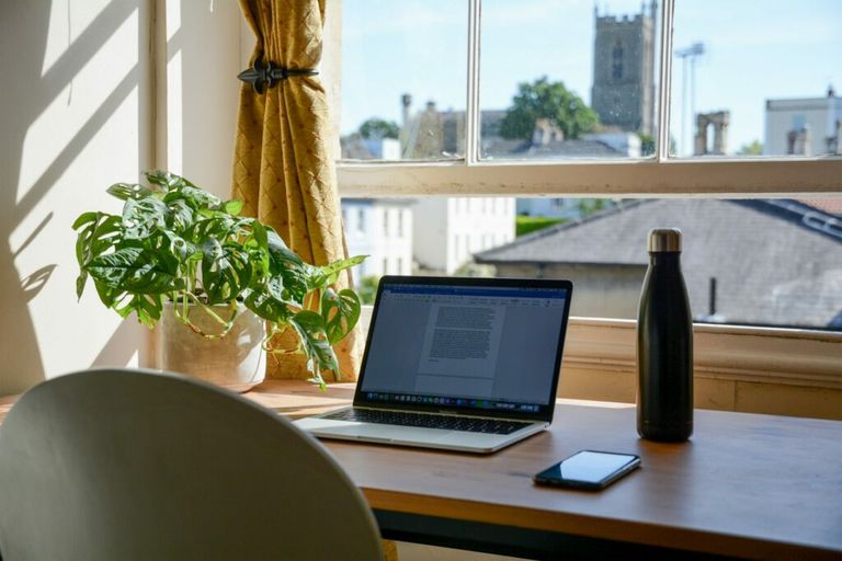 foto monstrando uma mesa, com notebook, celular e uma garrafa de água. Ao lado esquerdo no notebook há um vaso de plantas.